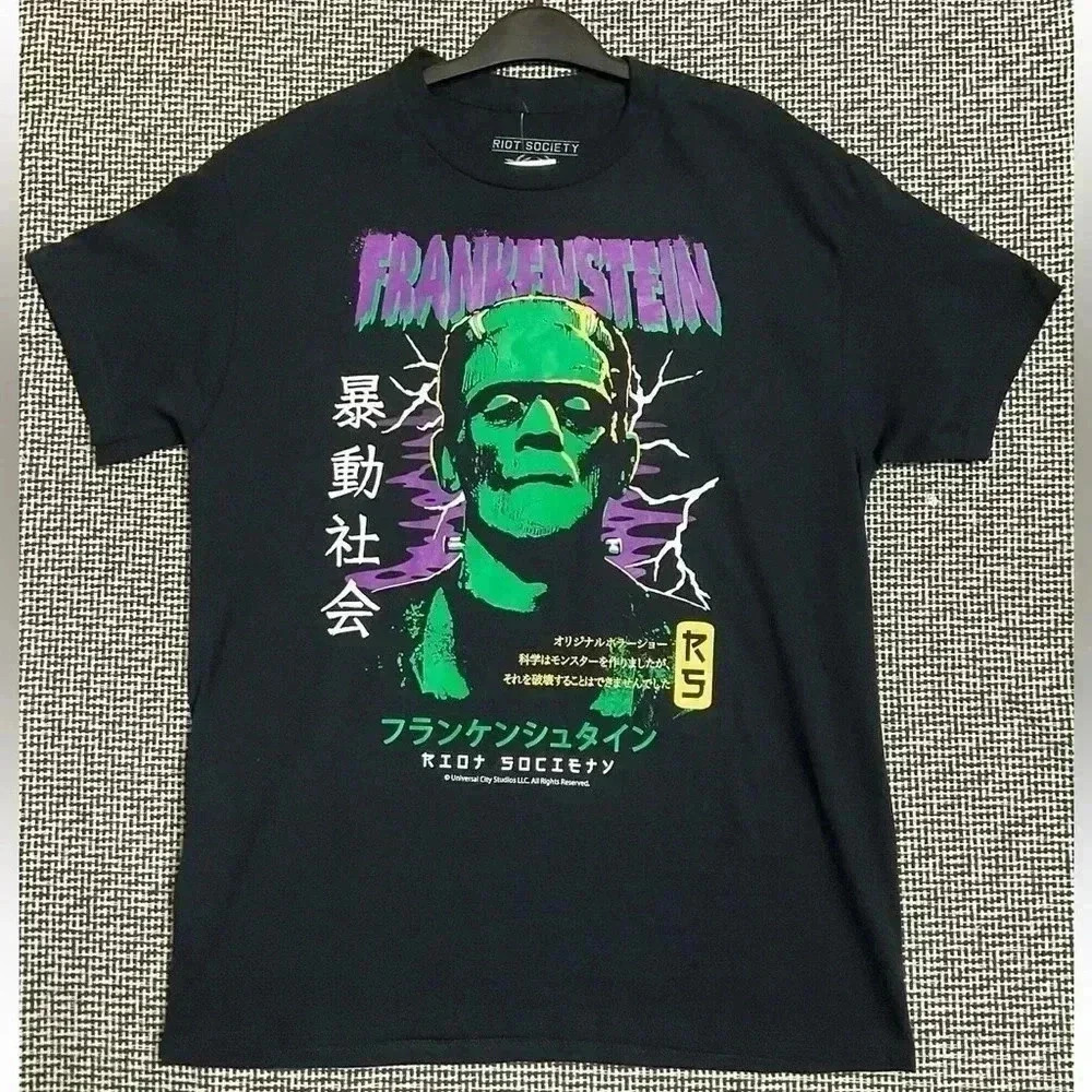 riot society Black Frankenstein Graphic Tee with Green and Purple Print